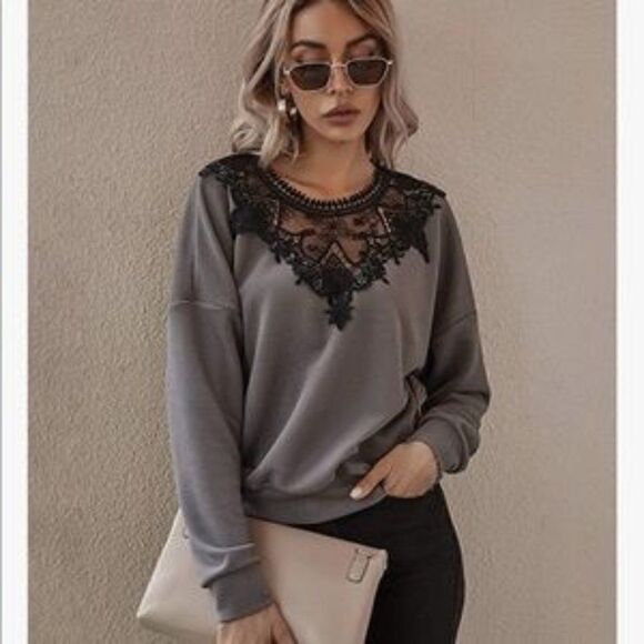 NEw Lace Neck Sweatshirt Pullover Top - Picture 1 of 6